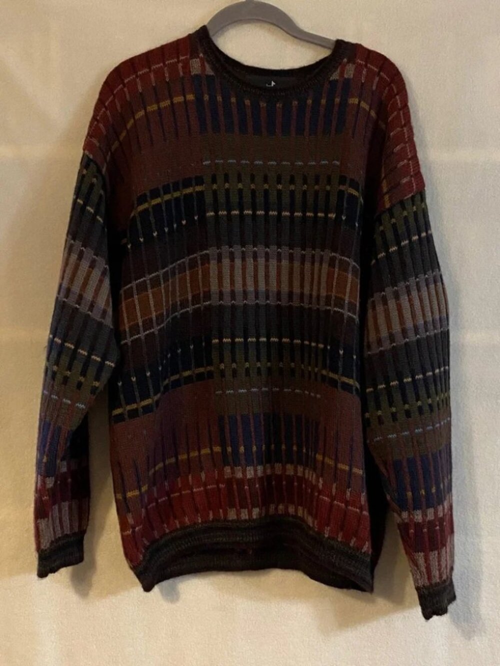 Peruvian Connection 100% Alpaca brown red green blue striped long sleeve sweater
